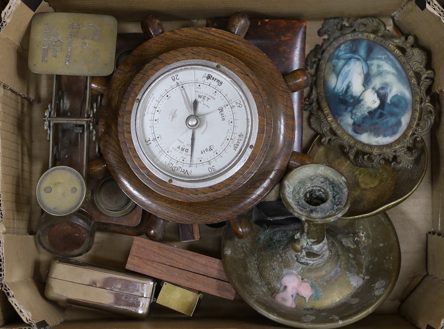 A quantity of mixed collectibles including a barometer, postage scales, tortoiseshell sewing kit etc.